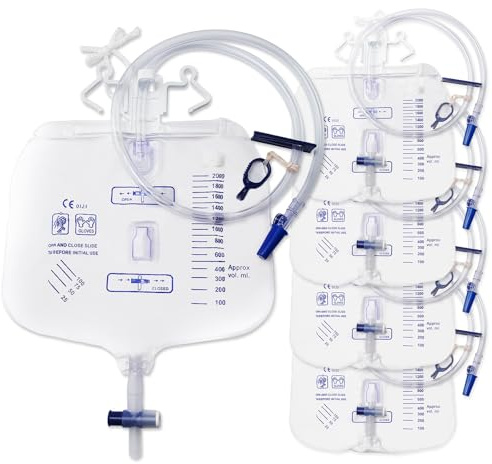 Catheter Bags, Urinary Drainage Bag with Anti-Reflux Chamber Multifunctional Urine Bag, with Clips and Hanging Hookactive air Exhaust, 0.4 Diameter Catheter, 2000ml Urine Collector(5 PCS)