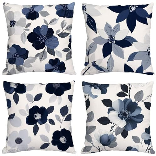 Kissenbezug 65x65 cm Weiss Outdoor Kissen Wetterfest Samt Kissenbezug Blumen Kissen 4 Stück Dekokissen Doppelseitiger Gedruckte Kissenhüllen für Gartenkissen Sofa Patio Stuhl Auto Outdoordeko m-7