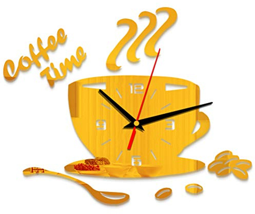 Orologio da Parete Acrilico Fai -da -te Moderno Caffettiera Silenziosa Orologio a Forma di caffè con Numeri Cavi Decalcomania Adesiva per la Parete per Casa (D'oro)