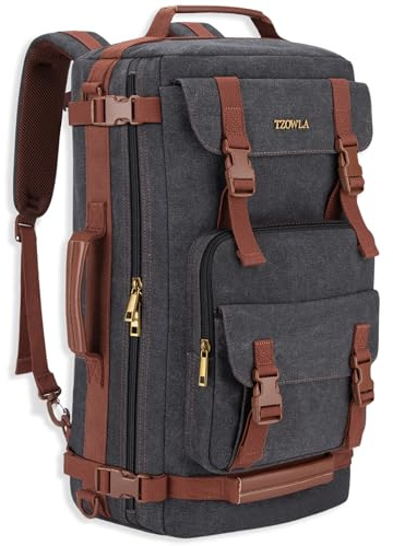 Tzowla Canvas reseryggsäck 3-i-1 konverterbar ryggsäck duffelväska lämplig för 17 tums bärbar dator, svart, L-40 Liter
