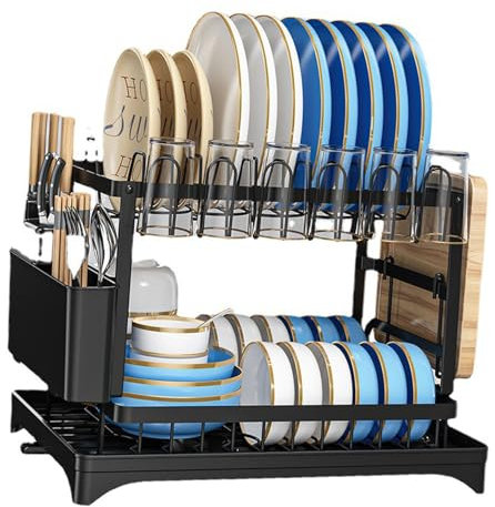 KIMISS Rack de Séchage à Vaisselle, avec un Porte-drainage et Support d'ustensile pour l'organisation de la Cuisine pour Comptoir d'évier Noir Aluminium 2 Niveaux