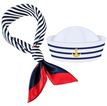 OUDQFCJ Set cappello e sciarpa da marinaio,2 pezzi,da capitano a righe blu e bianche e sciarpa quadrata con bordo rosso,blu navy,marinaio uomo,ideale per feste nautiche,cosplay e barca (Blu e Bianco)