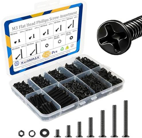 Kernmax 1120Pcs M3 Countersunk Screws Kit, M3 Flat Head Screws, Phillips Bolts Nuts Washers Set for 3D Printers, Electronics, Machinery & DIY Projects, Length 6MM-25MM, Zinc Plated