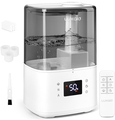 Luxaid 4,5 L Luftbefeuchter mit Warm- und Kaltnebel für Schlafzimmer | Bis zu 45 Std. Laufzeit, Hygrostat 45–60 %, Fernbedienung, 12-Std.-Timer, Top-Fill, Schlafmodus unter 28 dB, Auto-Abschaltung