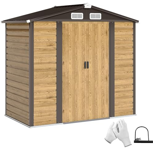 Outsunny Caseta de Jardín Exterior 2,36m² 213x120x194 cm Cobertizo de Jardín con Refuerzo de Base y Ventanas, Puertas Correderas Dobles, Candado, Suelo No Incluido Roble