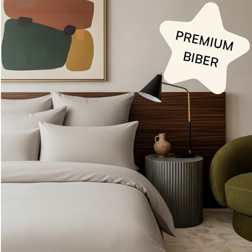 Amqua Biber Bettwäsche 155x220 Beige – Flanell Bettwäsche Set aus 100% Baumwolle, 2-teilig mit Kissenbezug 80x80, warme Winterbettwäsche, hautfreundlich, atmungsaktiv, pflegeleicht, Reißverschluss