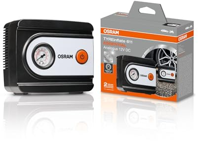OSRAM TYREinflate 611 ESSENTIAL, gonfleur analogique, gonflage en 4,5 minutes, tuyau de 60 cm, adaptateur inclus