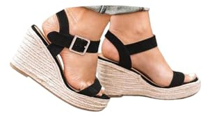 Bohemiska plattformssandaler för kvinnor, kilklackar, espresriller, sommar högklackade öppen tå sandaler slip-on skor kvinnor, Svart, 6.5 UK Wide