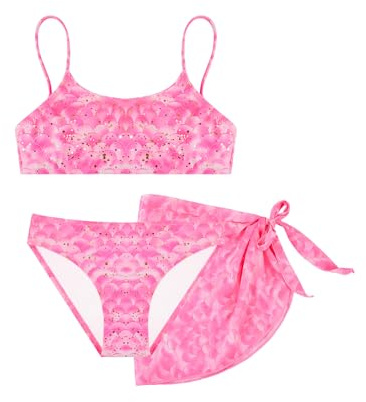 POWER FLOWER Set Bikini Bambina 3 Pezzi con Gonna Sarong, Costume da Bagno Due Pezzi con Spalline Regolabili, Abbigliamento Mare e Piscina per Bambine 4–12 Anni (4-6 Years, LA719-Pink)