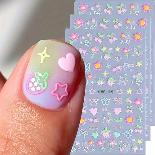 Cosblisvia 3 Blatt 5D Nagelsticker, Blumen Nail Art Aufkleber für Frauen Kinder, Selbstklebend Nagel Zubehör für Salon Party DIY Maniküre (Kirsche Schleife)