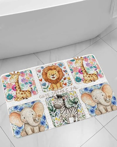 Cartoon Animal Shower Mat Non Slip Bathtub Mat Cute Lion Elephant Giraffe Zebra Flower Leaf Bath Mat Soft Loofah Shower Mats for Shower Tub Bathroom Quick Drying Foot Mat, 16x24 Inch