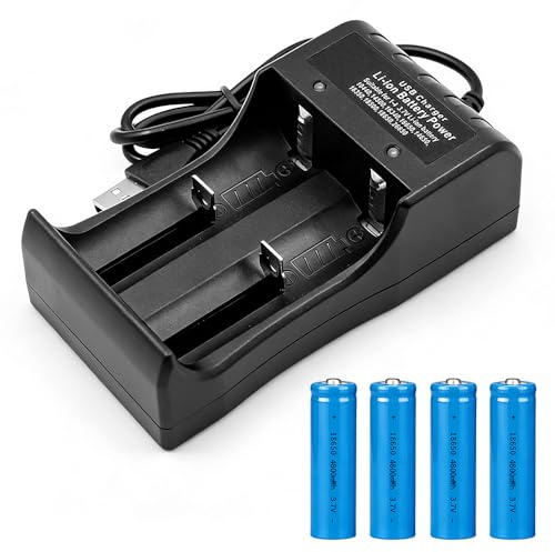 18650 Akku Ladegerät, SGZIOO Ladegerät 18650 mit 4 Stück 4800mah Akkus mit Erhöhtem Pluspol, USB 2 Slot, Intelligentes Akkuladegerät für 3,7V 14500 10440 16340 16650 14650 18350 18500 26650