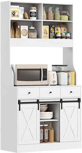 HOMCOM Alacena de Cocina Mueble Auxiliar con Encimera para Microondas, 2 Puertas Corredizas y 3 Cajones, Estantes Regulables, Estilo Granja, 93,5x40x180 cm Blanco