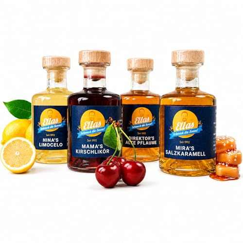 Ellas Feinkost Liköre Geschenkset 4er Probierset 4 x 0,2L – Kirschlikör, Limoncello, Pflaumenlikör, Karamell Likör Premium – Handgemachte Familienrezepte – Likör Set Mini Probierpaket