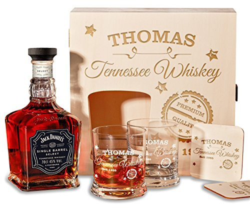 polar-effekt Holzkiste Personalisiert mit Gravur - mit Jack Daniel's Single Barrel Tennessee Whiskey - 6-TLG Whisky Geschenk-Set - Personalisiert zum Geburtstag Motiv - Stamp Design