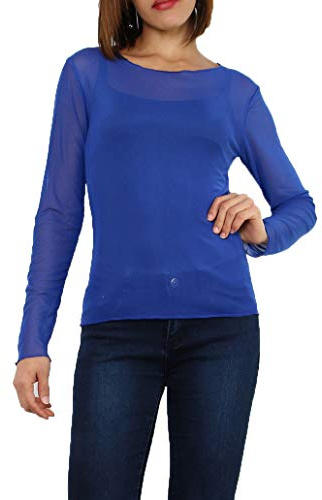 Miss Rouge: Camiseta de malla, Top de voile transparente, Talla única 36-40, azul real, Talla única