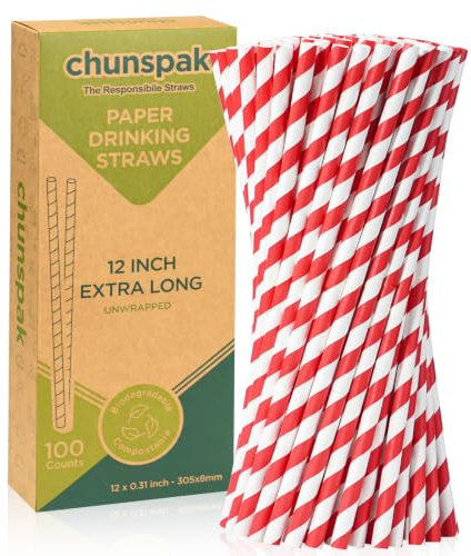 12 Inch Extra Long Large Paper Drinking Straws 8mm Wide - For Smoothies, Shakes, Tall Drinks, 40oz Tumblers - Red Stripe, 100 Count - 100% Biodegradable