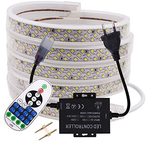 XUNATA Dimmbar LED Strip Weiß, 220V 2835 SMD 276leds / m IP65 Wasserdicht,Flexibles LED Lichtschlauch mit 23 Key Fernbedienung für Küche Stairway Weihnachten Party Deko (Weiß,17M)