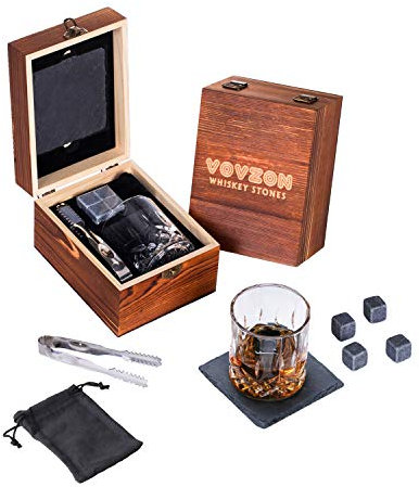 Whiskey Stones and Glass Gift Set for Men – 4 Whisky Scotch Bourbon Chilling Stones + Whiskey Rock Glass + Slate Coasters for Whiskey, Christmas/Father's Day/Birthday Gift/Present for Dad Boyfriend