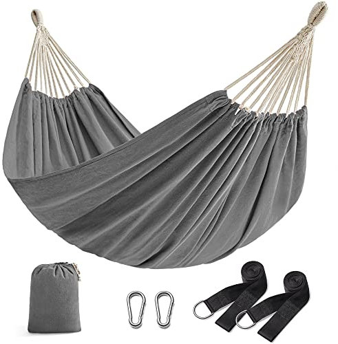 SONGMICS Hängematte 210x150cm Doppel Hängematte 300kg Tragkraft für Terrasse Balkon Garten Outdoor Camping mit Tragetasche, Befestigungsgurte und Karabiner, Grau GDC15GY