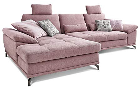 Cavadore L-Form-Sofa Castiel mit Federkern / Große Eckcouch mit Sitztiefenverstellung, Kopfstützen und XL-Longchair / 312 x 114 x 173 / Webstoff, Flieder-Rosa