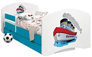 HappyBabies - Doppelseitiges Kinderbett MIT SCHUBLADE Modernes Design mit sicheren Kanten und Absturzsicherung Schaumstoffmatratze 7 cm Blau (EIN großes Schiff, 190x90)