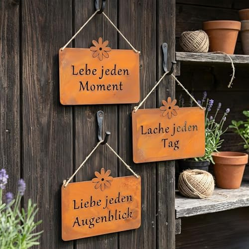 3er Set Wandbilder Sprüche 25x19cm Eisen Schilder Garten-Deko Türschild Edelrost Braun Rostdeko Lebe Liebe Lache