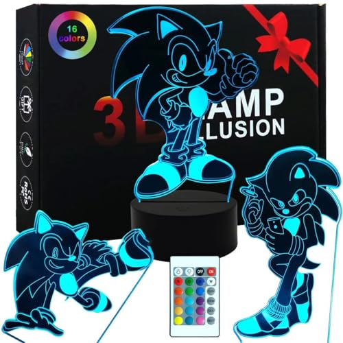 3pack Sonic Juguete Lampara 3d Luz Nocturna Infantil-16 Variaciones De Color/1 Mando A Distancia/1 Base Negra/-DecoracióN Del Hogar Regalos De Creativo Anime Sonic Figura Lamp Para Niños Hombre
