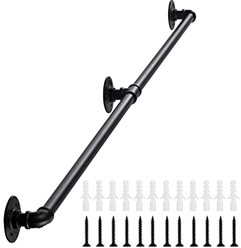 Senmit Handrail for Indoor Stairs - 5 Feet Wall Mount Industrial Iron Pipe - Metal Railing Non-Slip Grab Bar - Stairs Porch Deck Hand Rail Matte Black