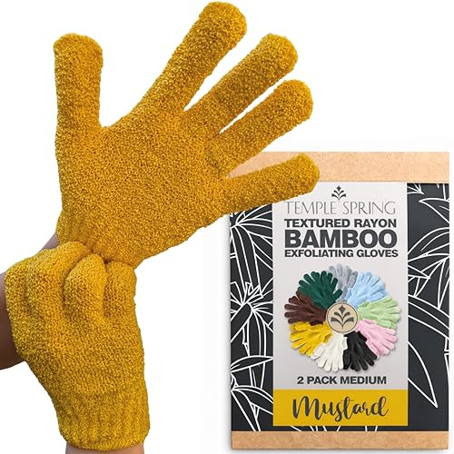 Temple Spring Gant Exfoliant Corps en Bambou, Gant Gommage Corps, Loofah Éponge Douche, Body Scrub Exfoliating Glove, Luffa Éponge Bain, Premium Exfoliating Mitts – Moutarde