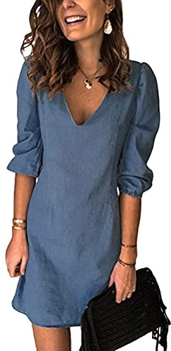 ORANDESIGNE Vestiti Jeans Donna Estivi Vestiti Camicia Donna Maniche Corte Estate Casual Vestito Scoll A V Camicia Vestito Denim Vestiti Allentata Abiti A Blu Scuro S