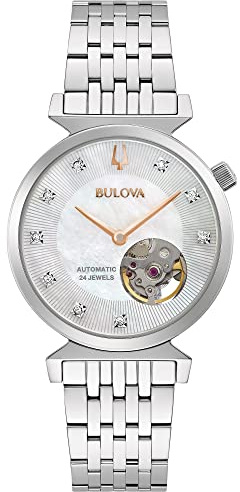 Bulova Women's Regatta Diamond Automatic Stainless Steel Open Aperture Watch, Mother of Pearl Dial Style: 96P222