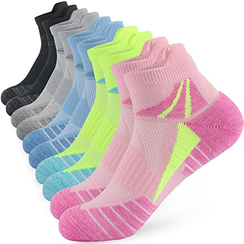 ouhos 5 Pairs Womens Running Trainer Ankle Socks Breathable Cushioned Cotton Anti Blister Work Support Low Cut Sports Socks for Gym Walking Hiking Cycling Multipack UK Size 4-7
