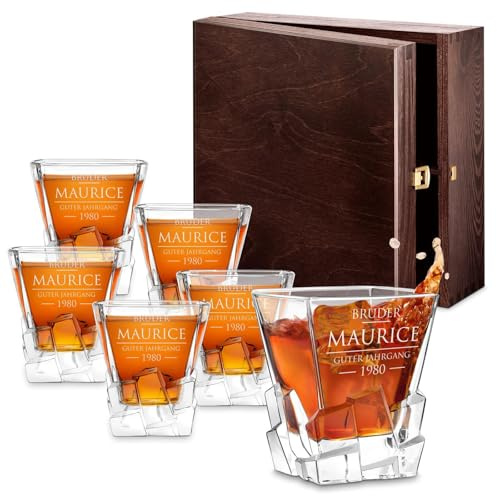 Maverton 6er Whisky Gläser Set mit Gravur - 250ml personalisiert - edles Kristallglas - zum Geburtstag - für Männer - Whiskygläser Set mit luxuriösem Design - Jahrgang