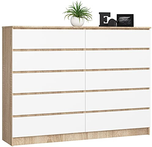 AKORD Kommode K160 160 cm | 10 Schubladen | für das Wohnzimmer | für das Schlafzimmer | für das Arbeitszimmer | Büro | B160 x H121 x T40 cm | Gewicht 101,75 kg | Sonoma Eiche/Weiß