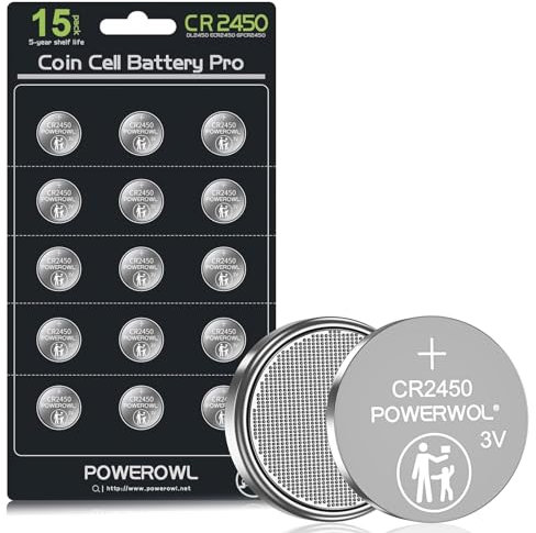 POWEROWL CR2450 Knopfzelle Batterien (15 Stück) 3V knopfzellen CR2450 Lithium Batterie, 10 Jahre kein Auslaufen, langlebige CR 2450