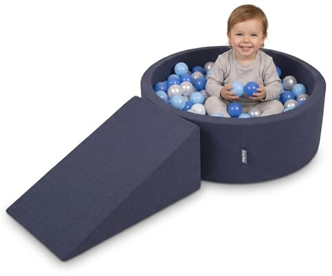 KiddyMoon Spielplatz mit bällebad 90x30cm und Rampe 200 Bälle 7cm Schaumstoff ballgrube für Baby und Kleinkinder - Dunkelblau: Babyblue Blau Perle