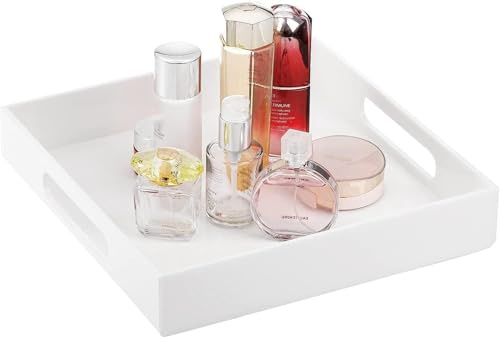 WUWEOT White Square Acrylic Serving Tray, 30cm Coffee Table Breakfast Tray, Decorative Perfume Tray Cosmetics Organizer with Handles for Living Room Bedroom Kitchen Bathroom Countertop