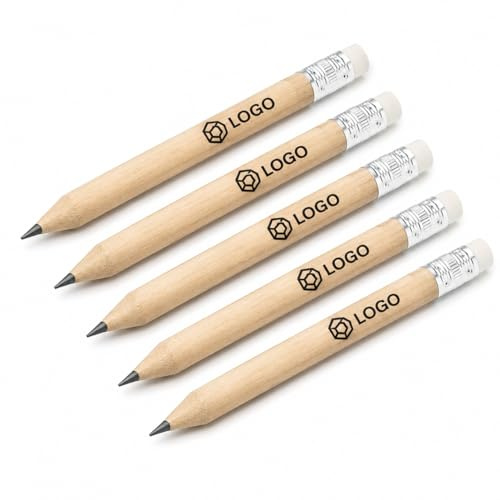 WPRO Mini Bleistifte mit Logo 100 Stück kurzer Holzbleistift mit Radierer personalisiert bedruckt 10 cm HB ähnliche Härte für Messe Hotel Büro