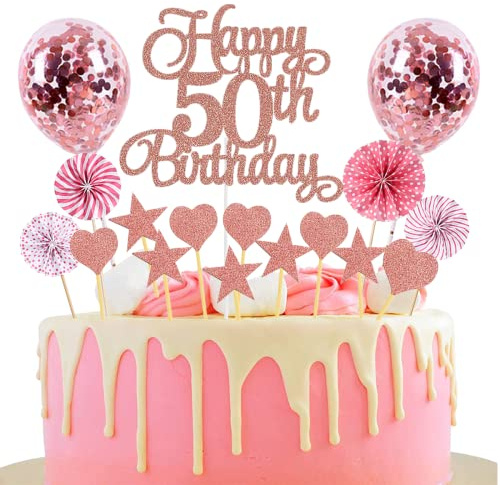 Tortendeko 50. Geburtstag Rosegold Glitter Cake Topper für Junge Mädchen - Happy 50th Birthday Kuchen Deko mit Happy Birthday