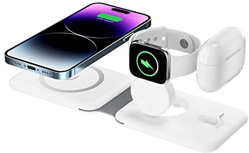3 in 1 Wireless Charger, BAMEEY apple Magsafe charger for iphone 17, Portable wireless charging station, Apple watch charger,Fast charger Airpods, Travel Pouch Bag for wireless charger Included