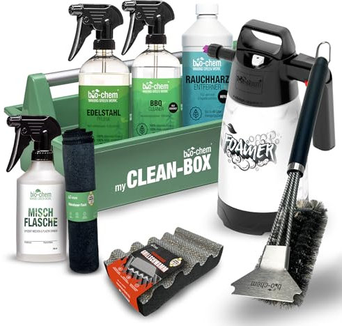 bio-chem Grill Reinigungsset und Pflege professionell Box 9-teilig: Rauchharzentferner 1L (inkl. Sprühflasche) + Fettlöser 750ml + Edelstahlreiniger 750 ml + Schaumsprüher + Grillbürste & Grillschwamm