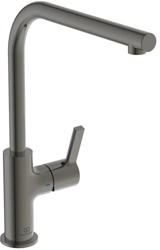 Ideal Standard – Gusto Küchenarmatur, Hoher L-Auslauf mit zylindrischem Querschnitt, mit FirmaFlow Kartusche, Schwenkbereich 360°, Schnellmontagesystem EasyFix+, Magnetic Grey