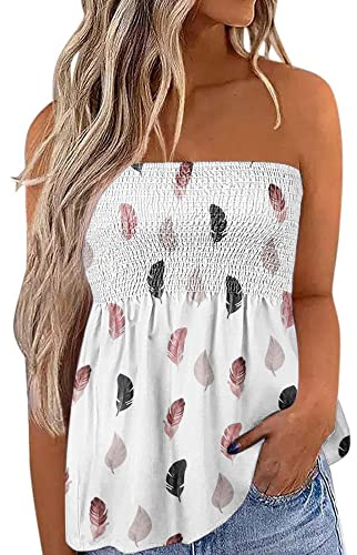 Springcmy Women Strapless Bandeau Tank Casual Loose Sleeveless Tube Tops Summer Flowy Tunic Tube Top Tee Shirt Blouse (B-Pink Feather, M)