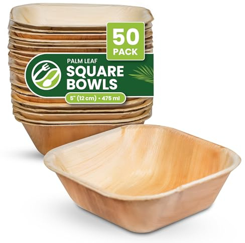 ECO Leaf 50 Disposable Palm Leaf Bowls |5”(12cm) Square Compostable Dinner Bowls | Eco-Friendly, Biodegradable Heavy-Duty Bowl for Wedding, Party and Picnic | Microwave & Oven Safe, Pack of 50