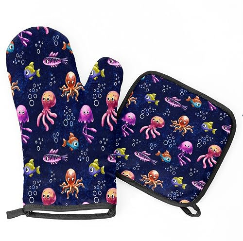 Ofenhandschuhe Topflappen Set Lustiger Fisch Tierdruck Topfhandschuhe Druck Backhandschuhe Weiches Topflappen Pad, Für Grillen, BBQ
