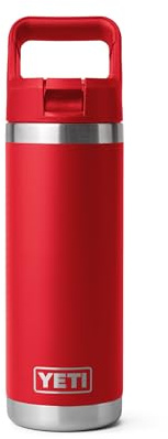 YETI Rambler - Botella de acero inoxidable aislada al vacío de 18 onzas, con tapa de popote a juego, rojo rescate