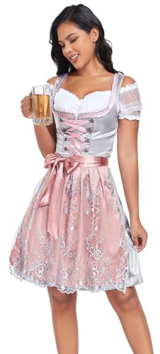 Jecarden Dirndl Damen Midi Trachtenkleid Damen Dirndlkleid mit Spitze Trachtenmode inkl. Dirndlbluse Dirndlschürze 3 teilig für Oktoberfest Karneval Besondere Anlässe (34-50) (Rosa, 36)