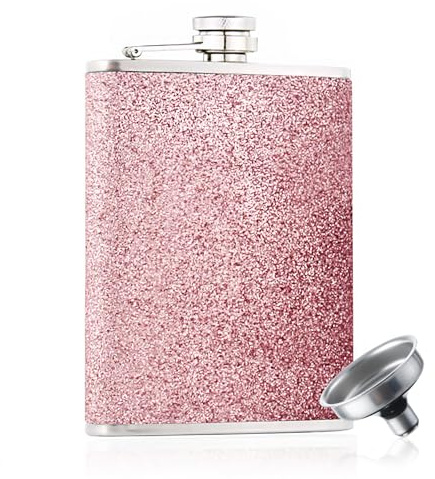 Eiarrnp Glitzer Flaschen Glänzende Edelstahl für Frauen Whisky Alkohol Flachmann Set mit Trichter - 8oz/240ml Taschen Flasche, Rosa