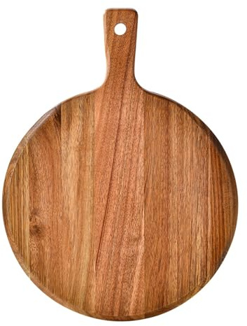 Wizoowip Assiette à Steak Occidentale Planche à découper en Bois poêle à Pizza en Bois avec Long Manche Rond Multifonction pour hacher Les légumes, Le Pain, Le Dessert, Le Service de Viande A